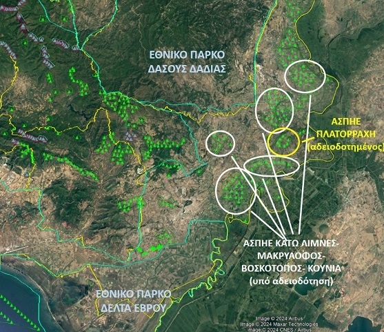Χάρτης με τις εγκατεστημένες και τις μελλοντικές ανεμογεννήτριες στον κεντρικό Έβρο.