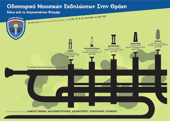 Ένα Αυγουστιάτικο Μουσικό Οδοιπορικό με τη συμμετοχή του συνόλου των Τμημάτων Στρατιωτικής Μουσικής Ξάνθης, Αλεξανδρούπολης, Διδυμοτείχου και Κομοτηνής.
